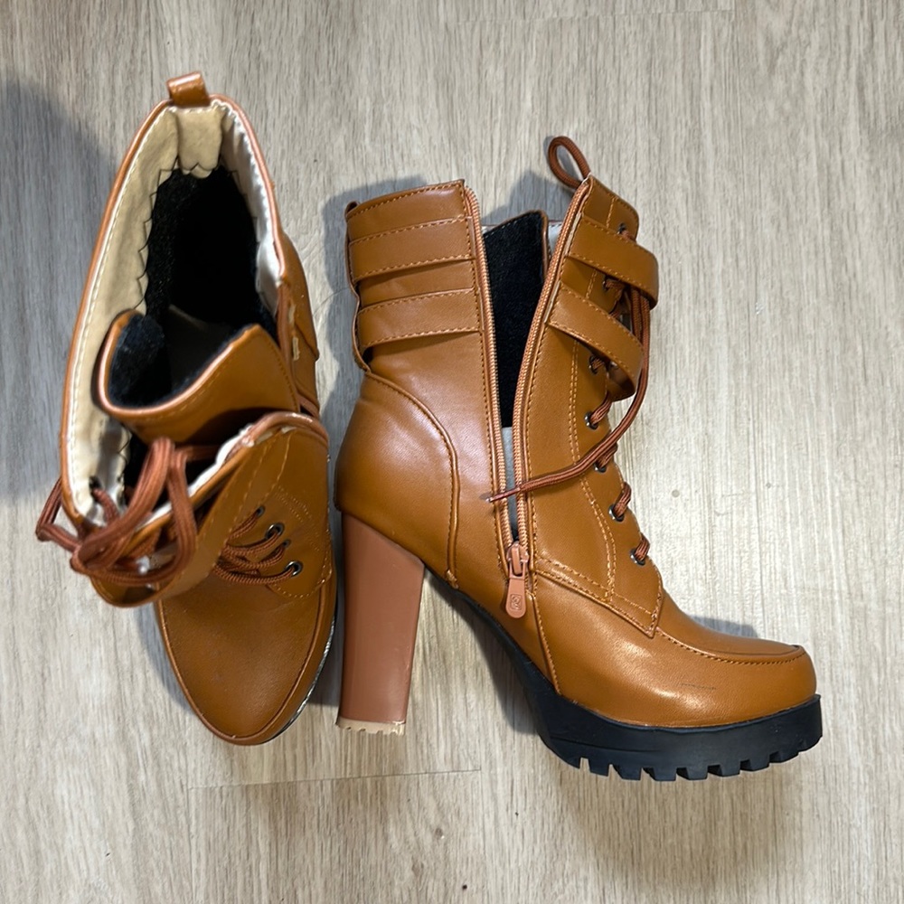 Brown Ankle Boots Thick High Heels Round Platform Buckle Zipper Rivets Lace Up
